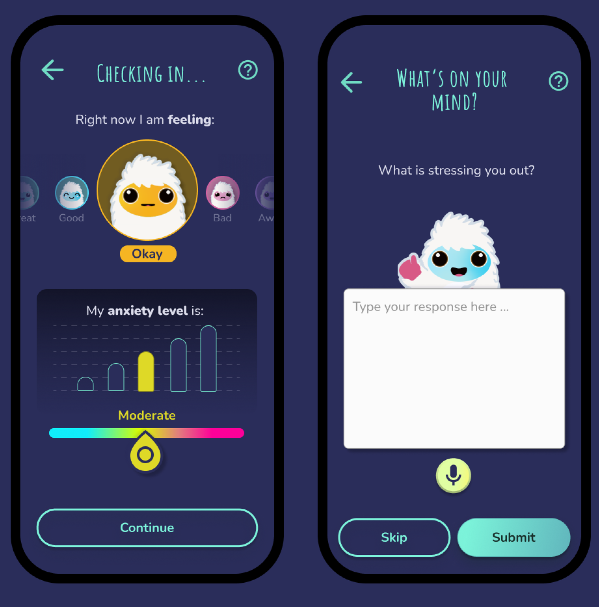 Joyment screens for an emotional check-in and a prompt asking what is on your mind