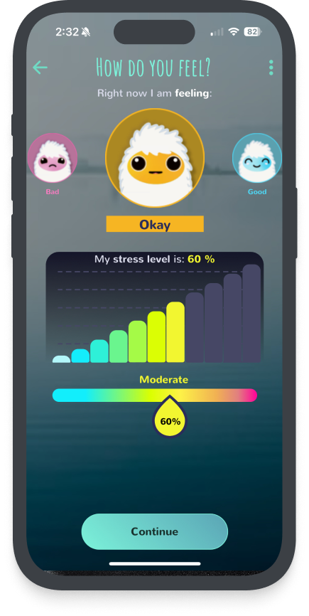 Joyment app screen showing a mood and stress-level check-in