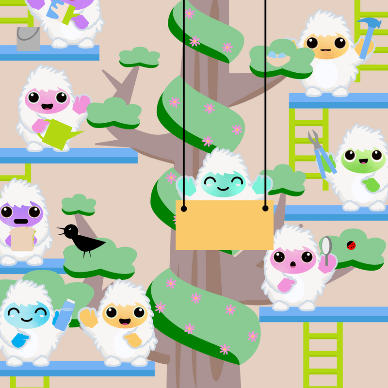 A community of illustrated Joyment characters gathered around a tree